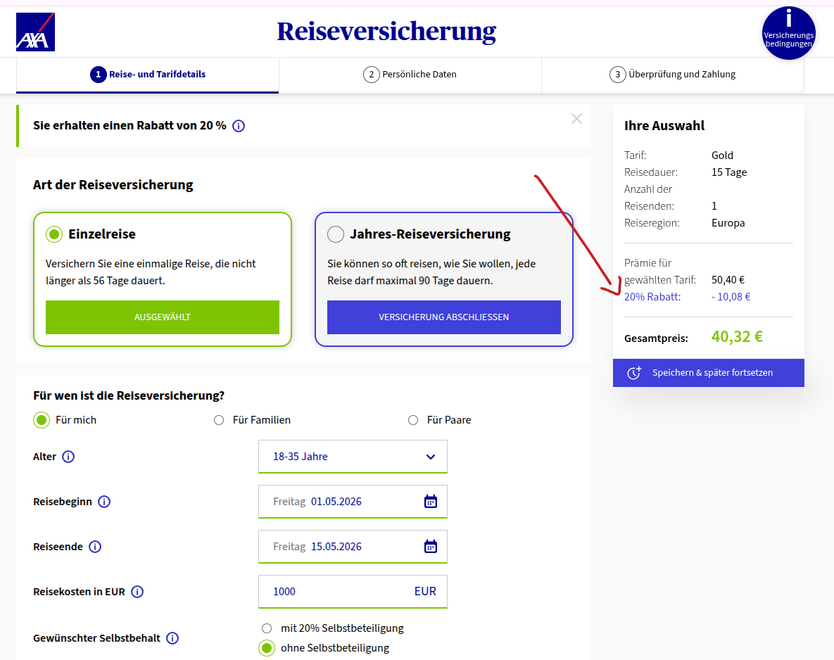 20% Rabatt Reiseversicherung