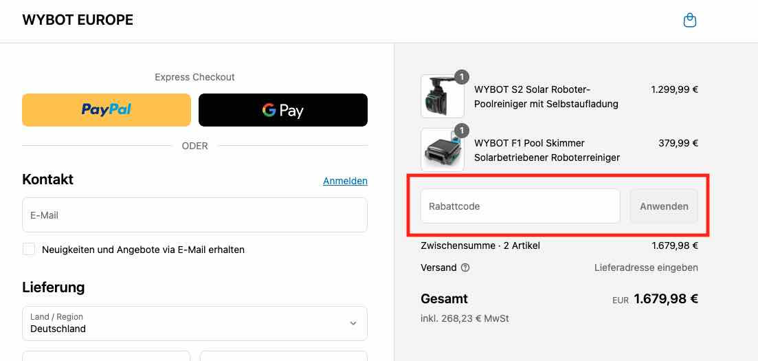 Rabattcode einlösen bei WYBOT