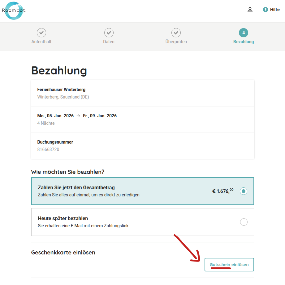 Roompot gutscheincode einlösen
