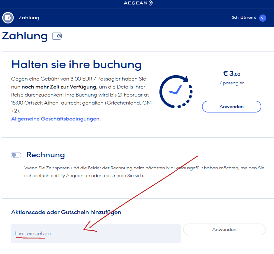 Aegean Gutscheincode einlösen