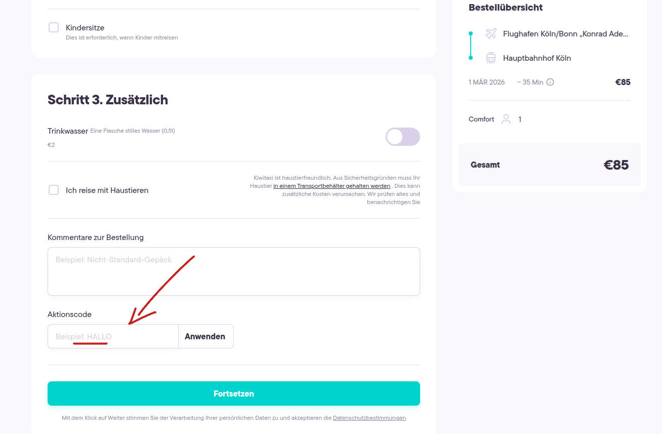 Kiwitaxi rabattcode eingeben