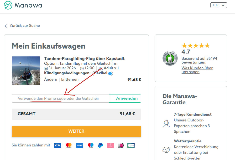 Manawa Gutschein einlösen