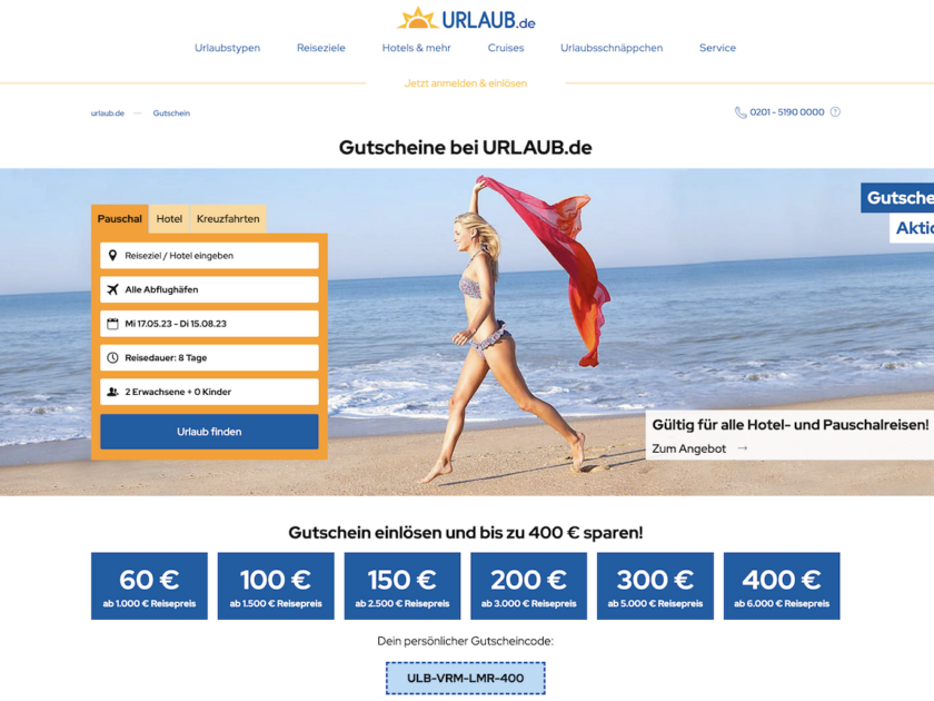 400 Euro Urlaub.de Rabattcode von urlaubs-gutscheine.de