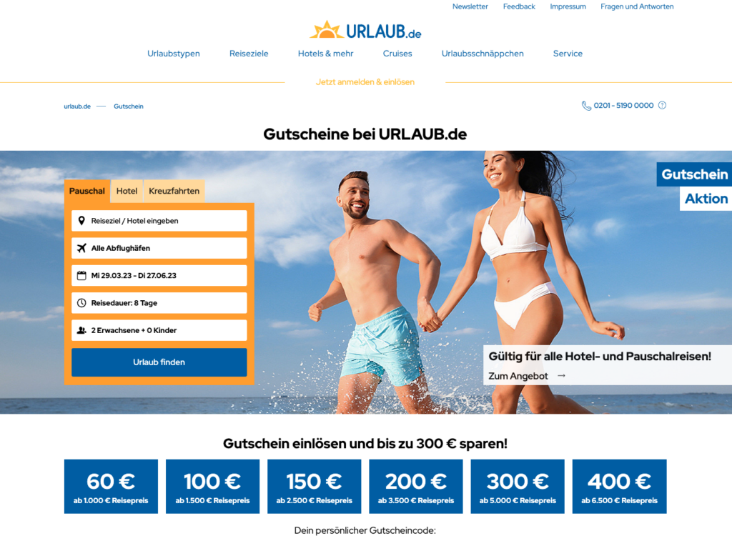Exklusiver Rabattcode für Urlaubs-gutscheine.de