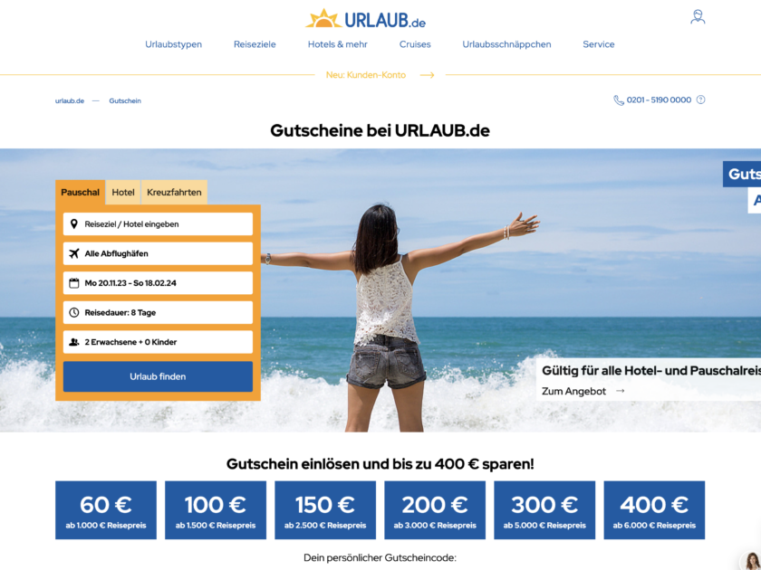 400 Euro Urlaub.de Rabattcode von urlaubs-gutscheine.de